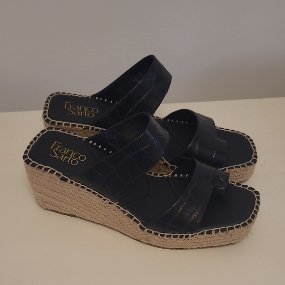 Franco Sarto Black Woven Wedge Sandals - Picture 1 of 8
